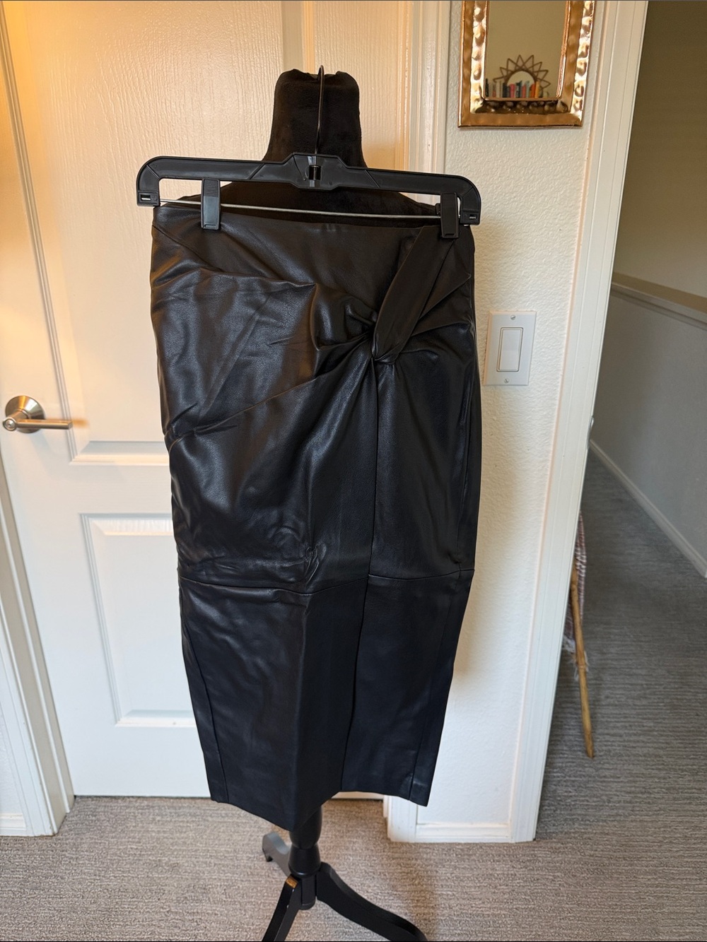 Astr Black Faux Leather Knot-Front Midi Skirt
